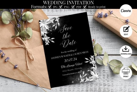 Elegant All Black Floral Save the Date Wedding Invitation