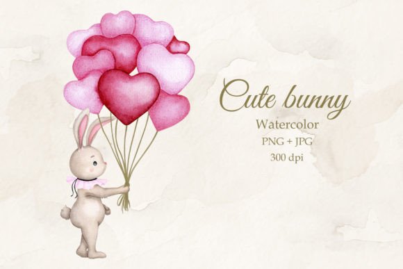 Enchanting Baby Bunny with Balloons: A Watercolor Design Asset